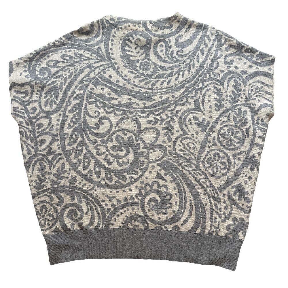 Cynthia Rowley Sweater Ivory Blue Paisley Short Dolman Sleeve Mock Neck XLarge